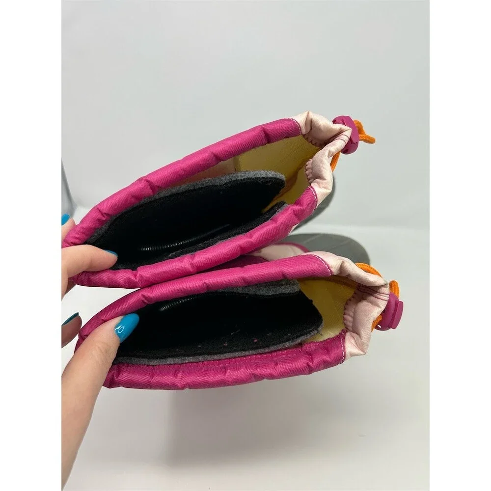Columbia Powderbug Snowlite Kids Snow Boots Pink Gray Drawcord Strap Size 4